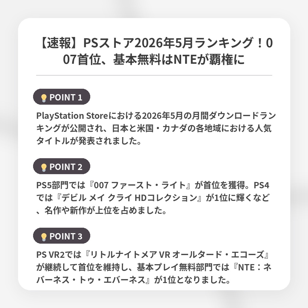 【速報】PSストア2026年5月ランキング！007首位、基本無料はNTEが覇権にの注目ポイントまとめ