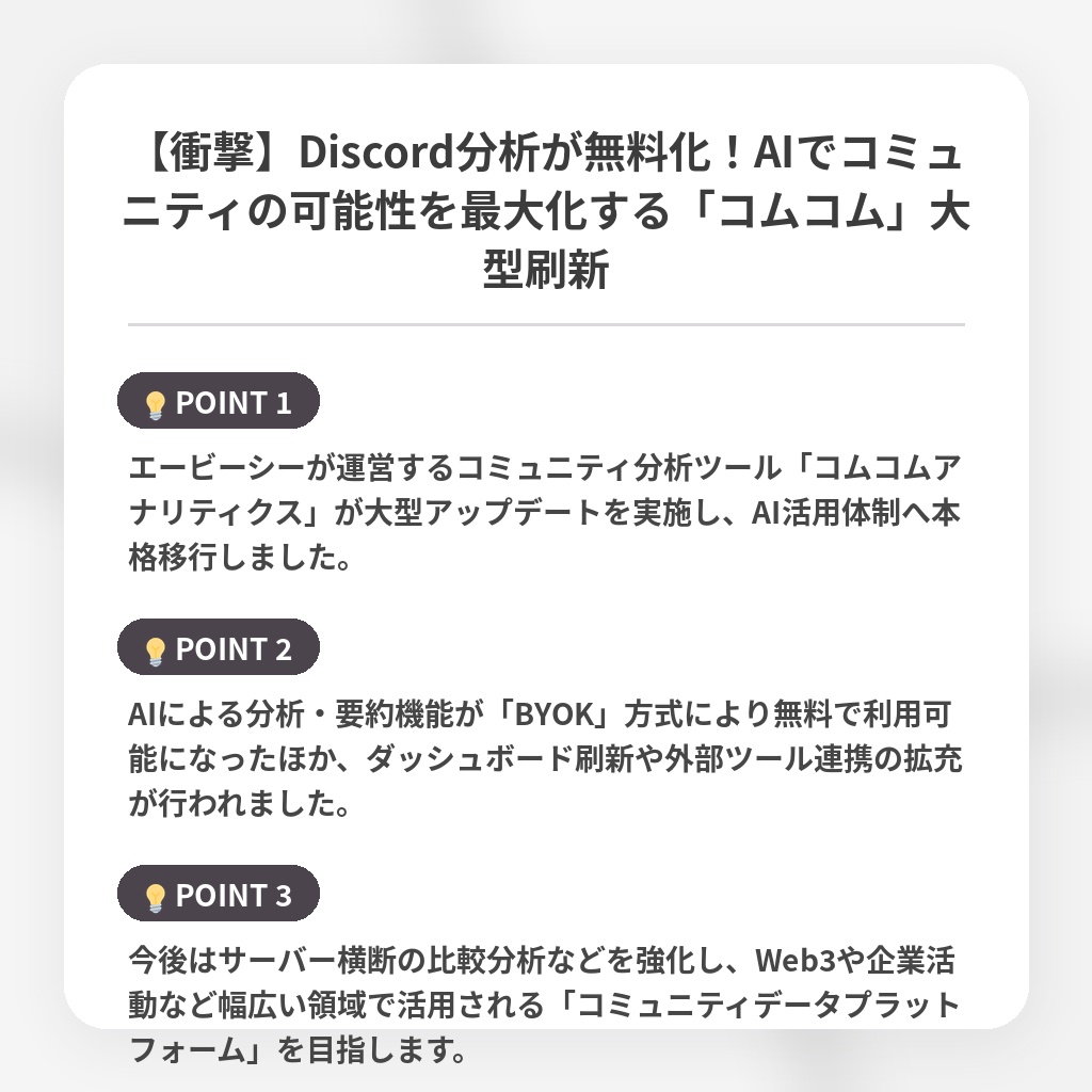 【衝撃】Discord分析が無料化！AIでコミュニティの可能性を最大化する「コムコム」大型刷新の注目ポイントまとめ