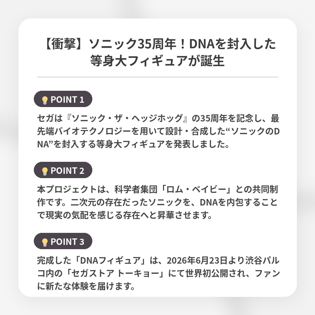 【衝撃】ソニック35周年！DNAを封入した等身大フィギュアが誕生の注目ポイントまとめ
