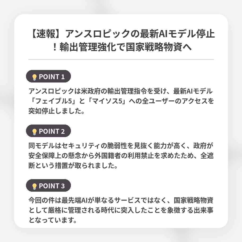 【速報】アンスロピックの最新AIモデル停止！輸出管理強化で国家戦略物資への注目ポイントまとめ