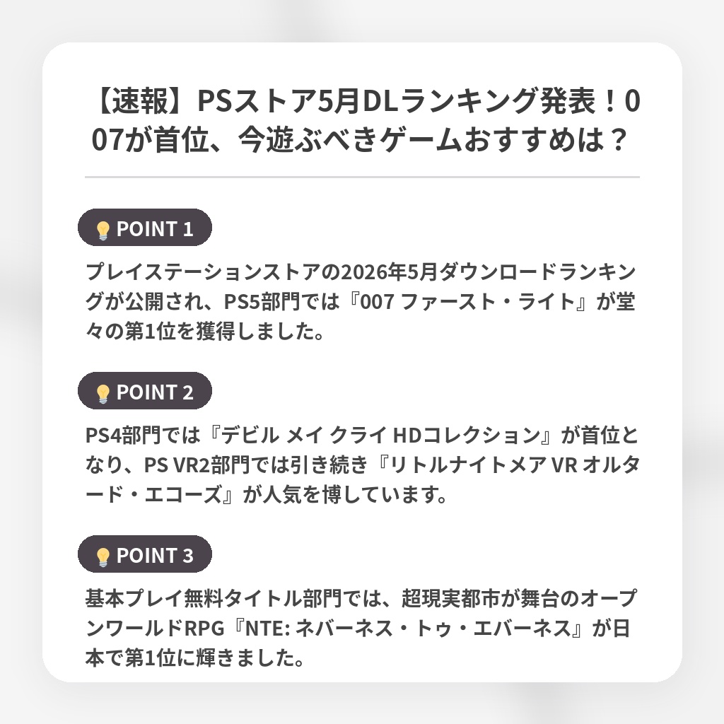 【速報】PSストア5月DLランキング発表!007が首位、今遊ぶべきゲームおすすめは?の注目ポイントまとめ