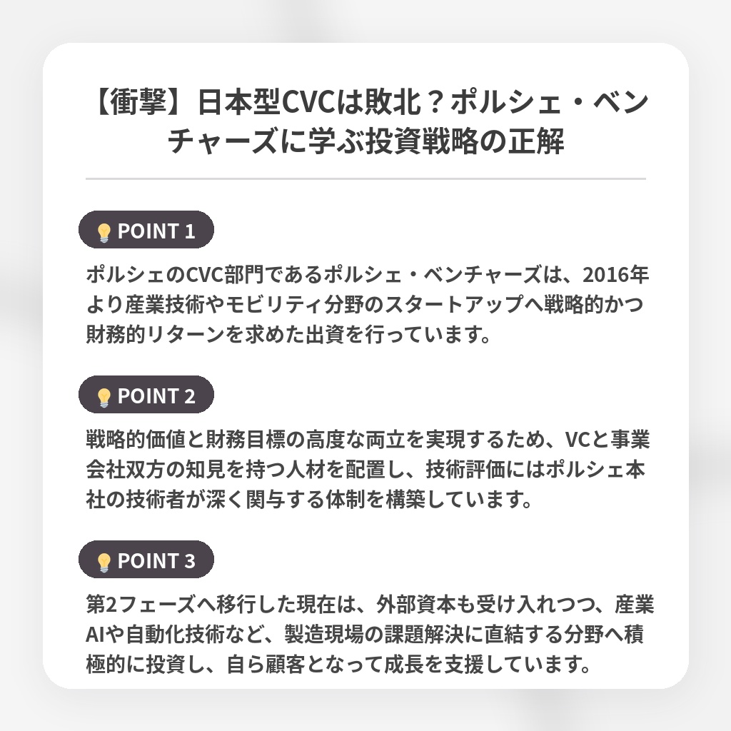 【衝撃】日本型CVCは敗北?ポルシェ・ベンチャーズに学ぶ投資戦略の正解の注目ポイントまとめ