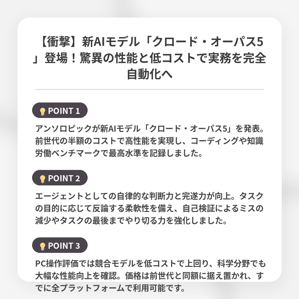 【衝撃】新AIモデル「クロード・オーパス5」登場！驚異の性能と低コストで実務を完全自動化への注目ポイントまとめ