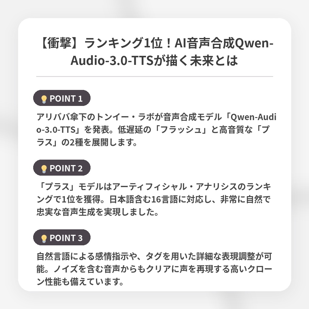 【衝撃】ランキング1位！AI音声合成Qwen-Audio-3.0-TTSが描く未来とはの注目ポイントまとめ