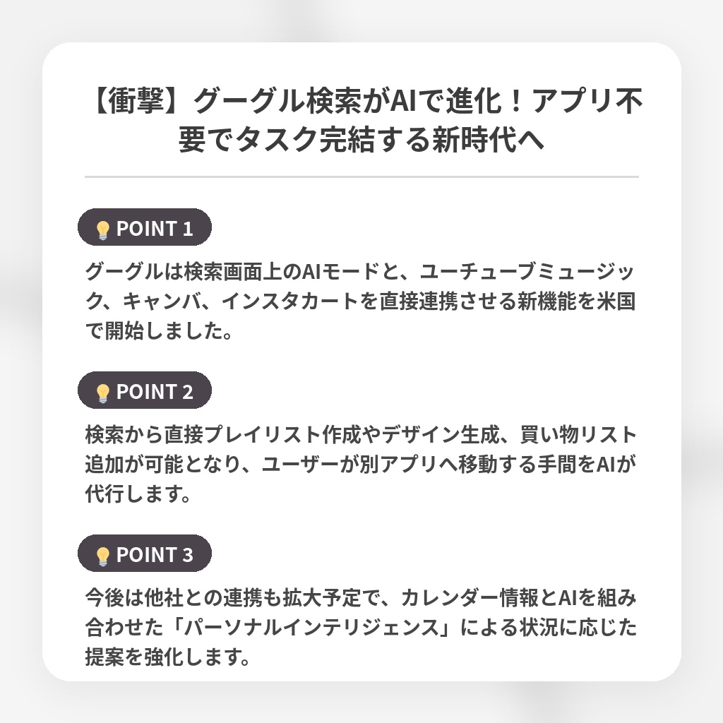 【衝撃】グーグル検索がAIで進化!アプリ不要でタスク完結する新時代への注目ポイントまとめ