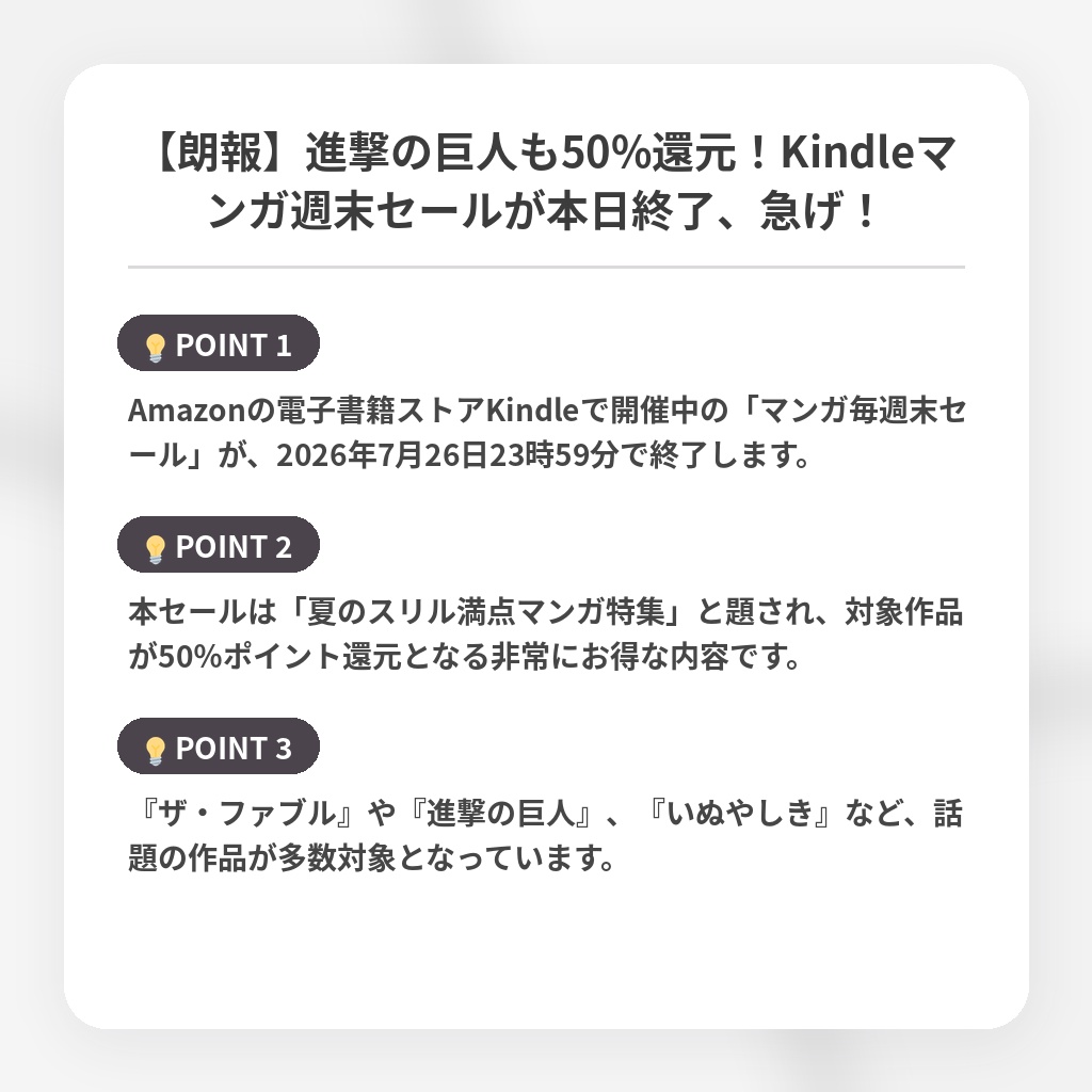【朗報】進撃の巨人も50%還元！Kindleマンガ週末セールが本日終了、急げ！の注目ポイントまとめ