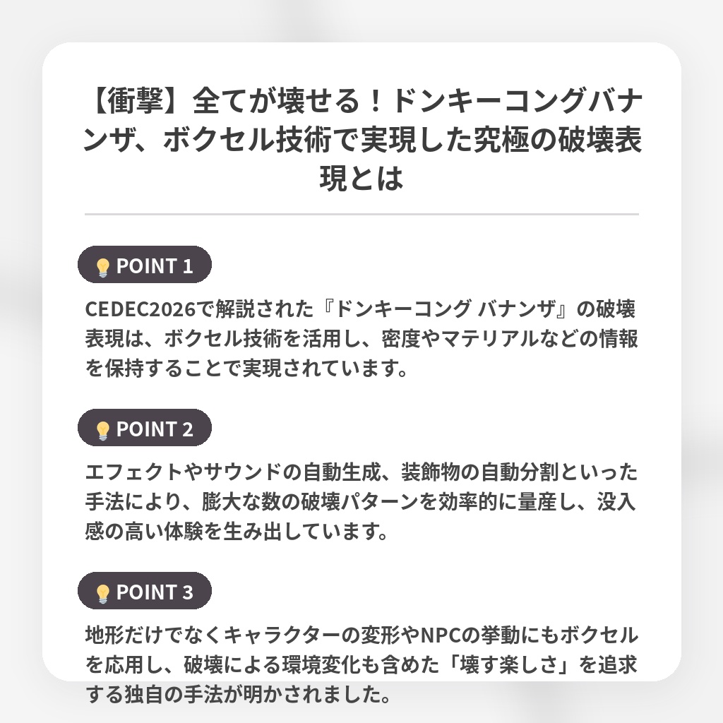 【衝撃】全てが壊せる!ドンキーコングバナンザ、ボクセル技術で実現した究極の破壊表現とはの注目ポイントまとめ