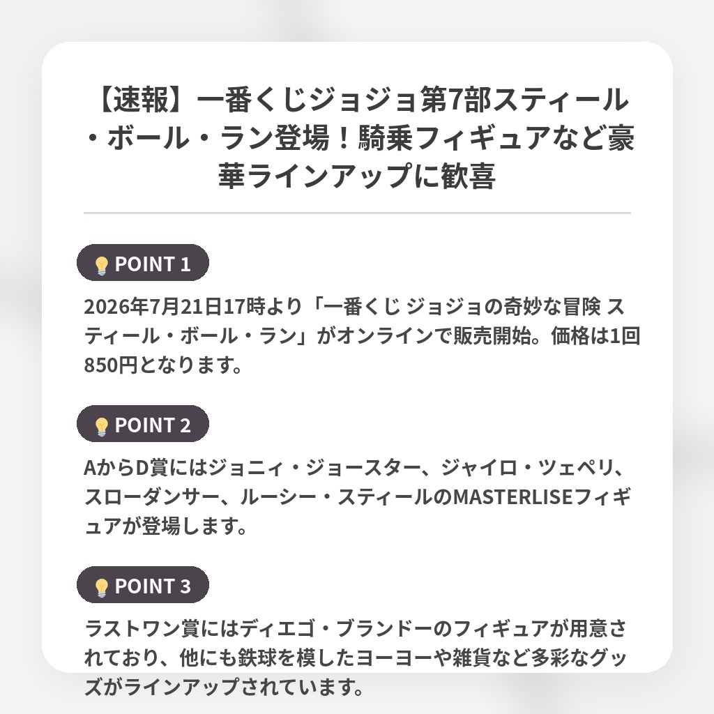 【速報】一番くじジョジョ第7部スティール・ボール・ラン登場！騎乗フィギュアなど豪華ラインアップに歓喜の注目ポイントまとめ