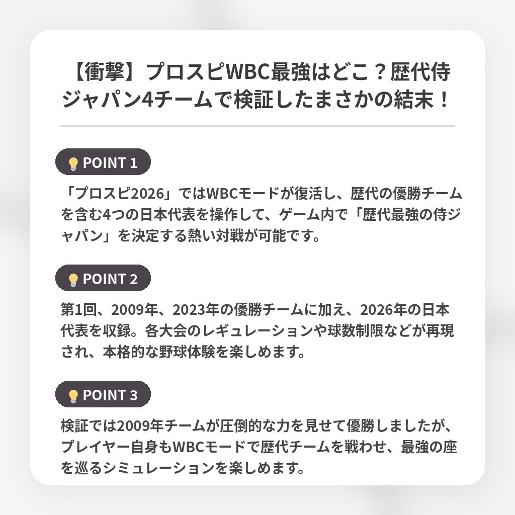 【衝撃】プロスピWBC最強はどこ?歴代侍ジャパン4チームで検証したまさかの結末!の注目ポイントまとめ