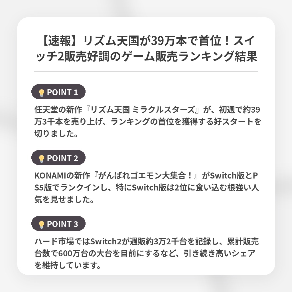【速報】リズム天国が39万本で首位！スイッチ2販売好調のゲーム販売ランキング結果の注目ポイントまとめ