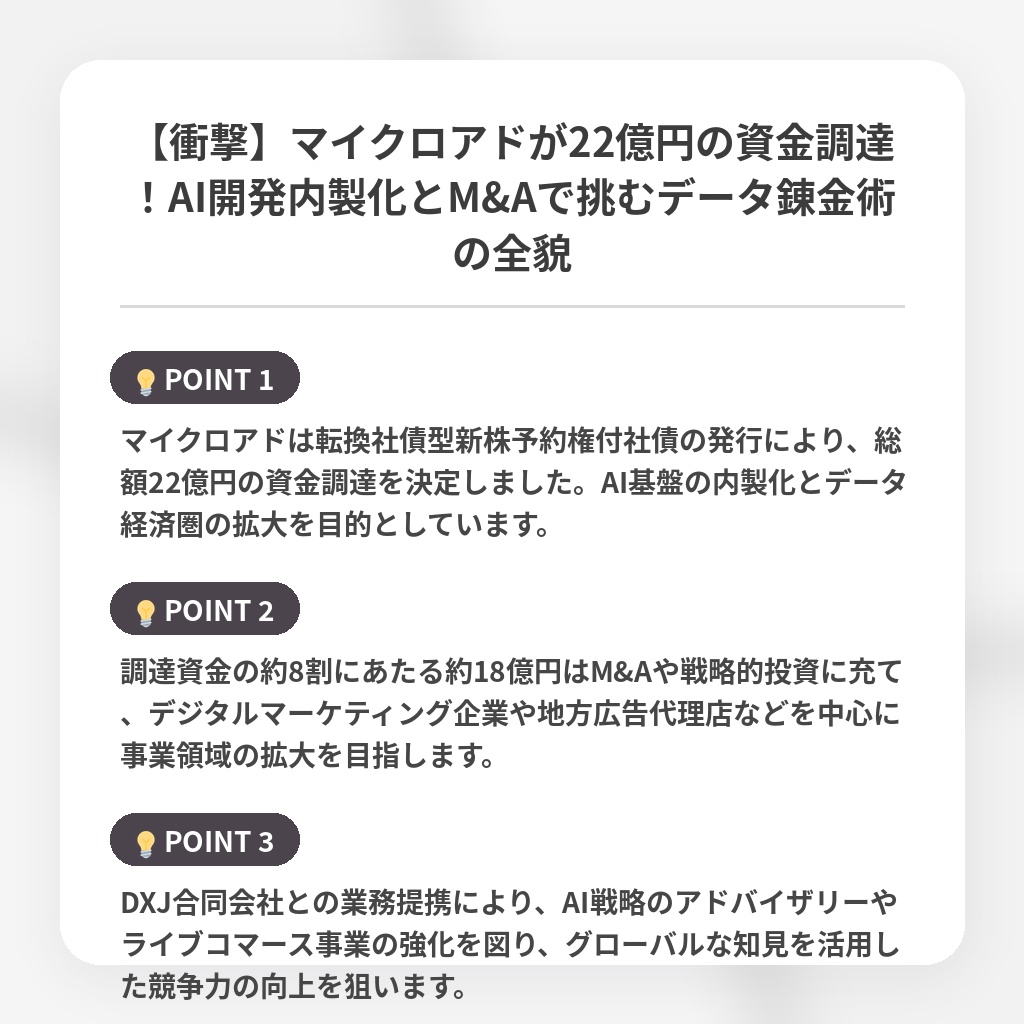【衝撃】マイクロアドが22億円の資金調達！AI開発内製化とM&Aで挑むデータ錬金術の全貌の注目ポイントまとめ