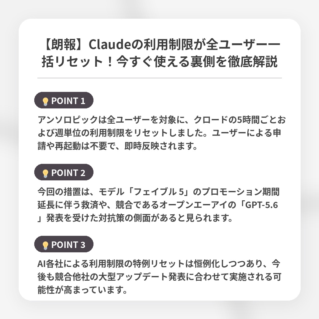 【朗報】Claudeの利用制限が全ユーザー一括リセット！今すぐ使える裏側を徹底解説の注目ポイントまとめ