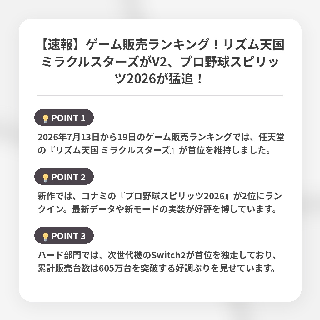 【速報】ゲーム販売ランキング！リズム天国ミラクルスターズがV2、プロ野球スピリッツ2026が猛追！の注目ポイントまとめ