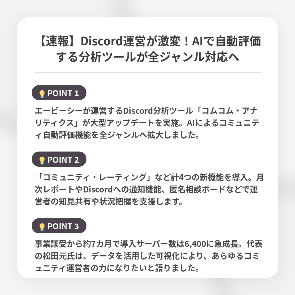 【速報】Discord運営が激変!AIで自動評価する分析ツールが全ジャンル対応への注目ポイントまとめ