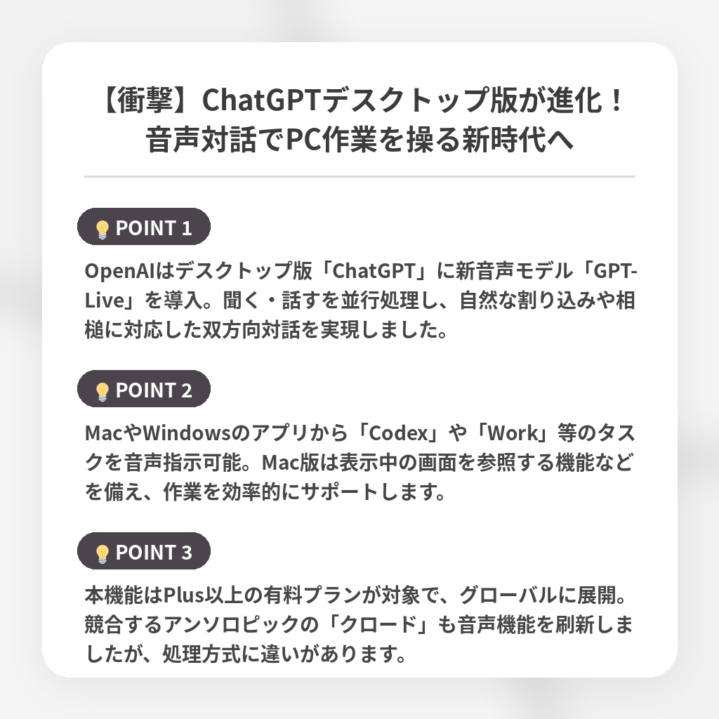 【衝撃】ChatGPTデスクトップ版が進化！音声対話でPC作業を操る新時代への注目ポイントまとめ