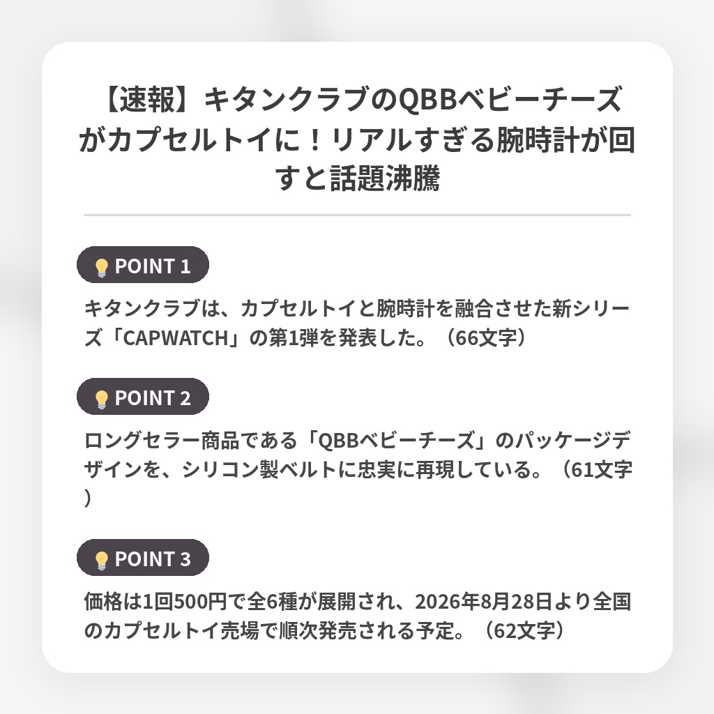 【速報】キタンクラブのQBBベビーチーズがカプセルトイに!リアルすぎる腕時計が回すと話題沸騰の注目ポイントまとめ