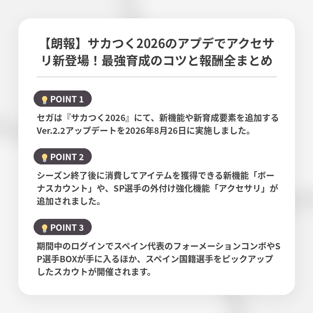 【朗報】サカつく2026のアプデでアクセサリ新登場!最強育成のコツと報酬全まとめの注目ポイントまとめ