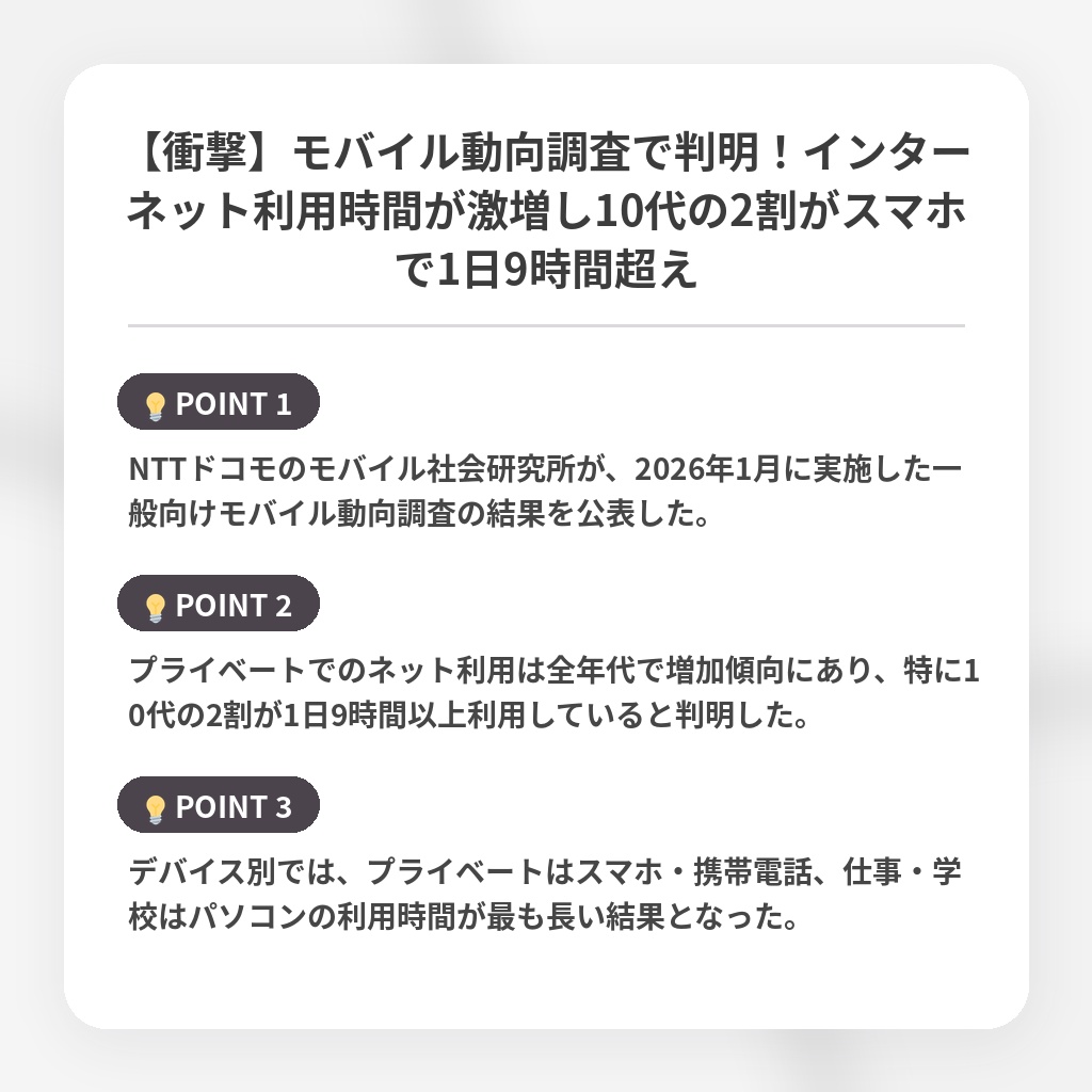 【衝撃】モバイル動向調査で判明！インターネット利用時間が激増し10代の2割がスマホで1日9時間超えの注目ポイントまとめ