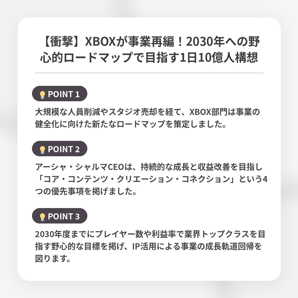 【衝撃】XBOXが事業再編！2030年への野心的ロードマップで目指す1日10億人構想の注目ポイントまとめ