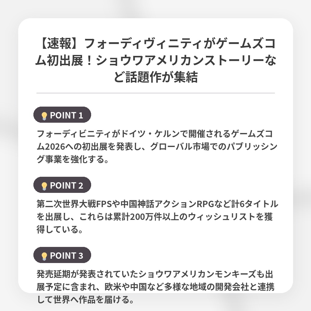 【速報】フォーディヴィニティがゲームズコム初出展!ショウワアメリカンストーリーなど話題作が集結の注目ポイントまとめ