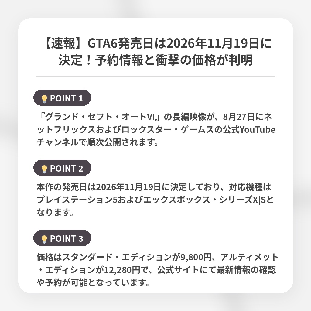 【速報】GTA6発売日は2026年11月19日に決定！予約情報と衝撃の価格が判明の注目ポイントまとめ