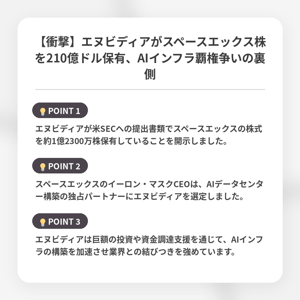 【衝撃】エヌビディアがスペースエックス株を210億ドル保有、AIインフラ覇権争いの裏側の注目ポイントまとめ