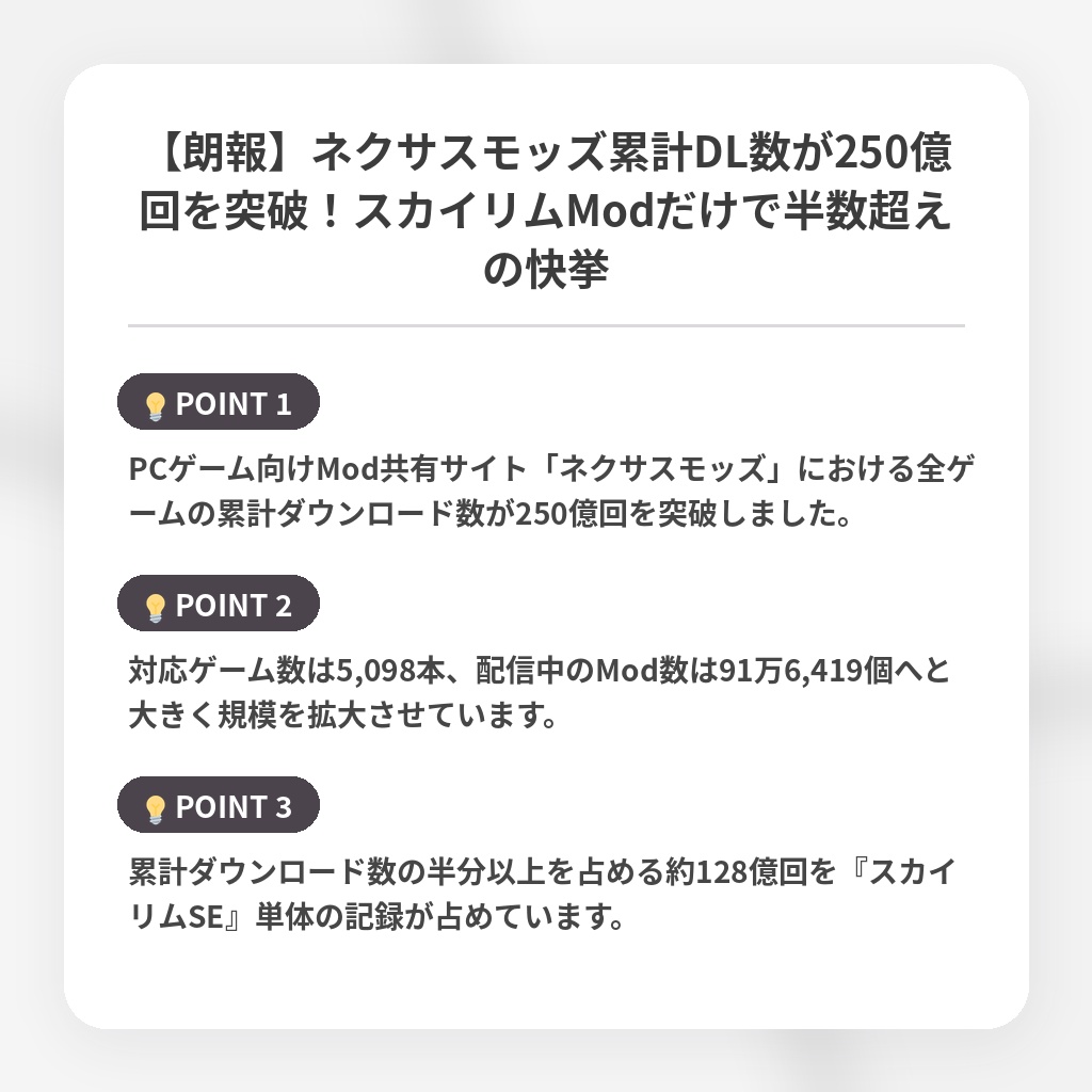 【朗報】ネクサスモッズ累計DL数が250億回を突破！スカイリムModだけで半数超えの快挙の注目ポイントまとめ