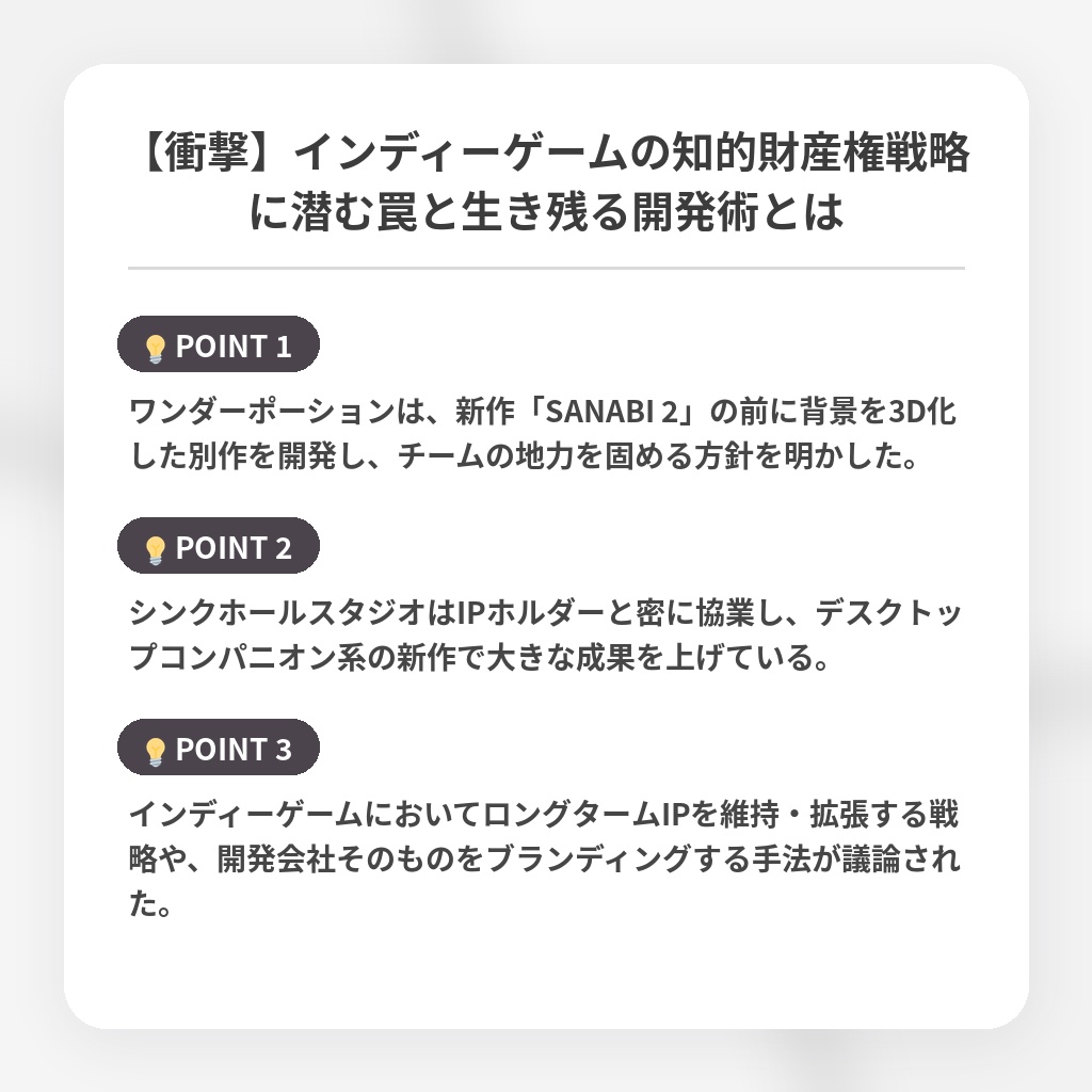 【衝撃】インディーゲームの知的財産権戦略に潜む罠と生き残る開発術とはの注目ポイントまとめ