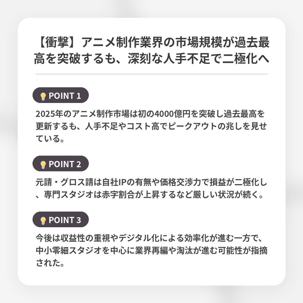 【衝撃】アニメ制作業界の市場規模が過去最高を突破するも、深刻な人手不足で二極化への注目ポイントまとめ