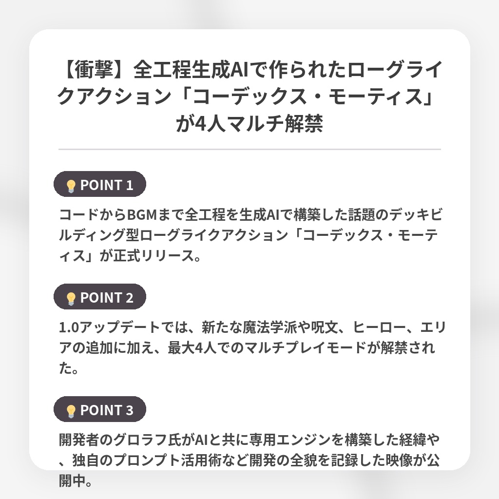 【衝撃】全工程生成AIで作られたローグライクアクション「コーデックス・モーティス」が4人マルチ解禁の注目ポイントまとめ