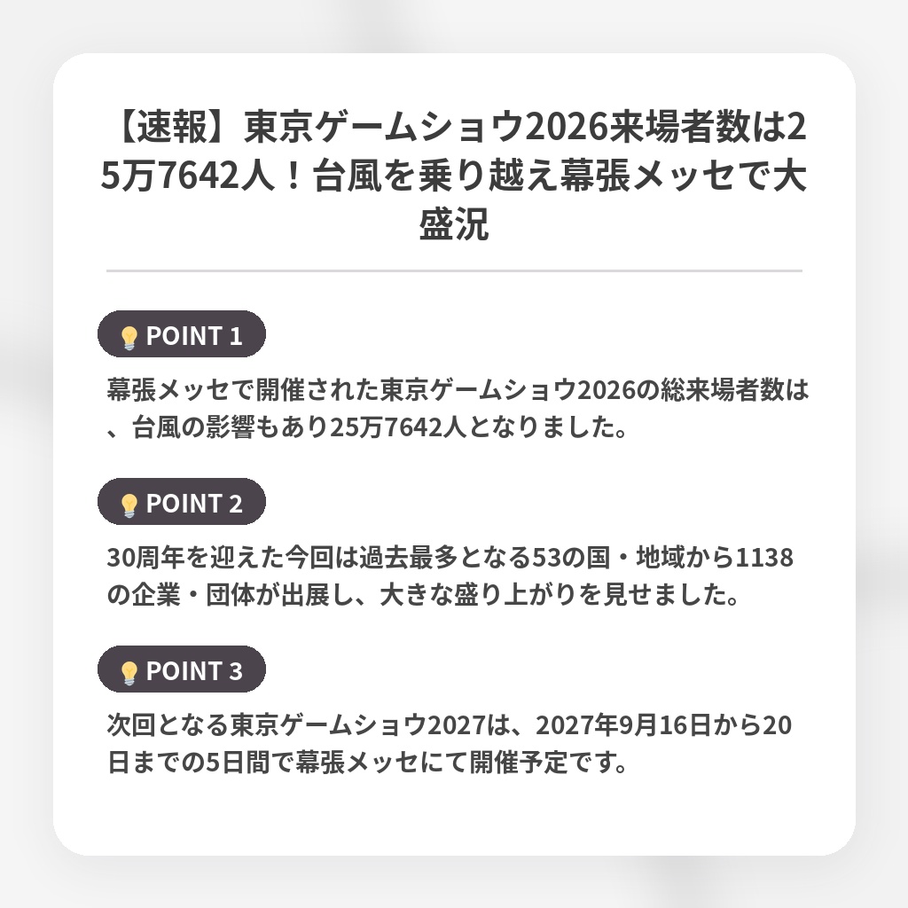 【速報】東京ゲームショウ2026来場者数は25万7642人!台風を乗り越え幕張メッセで大盛況の注目ポイントまとめ
