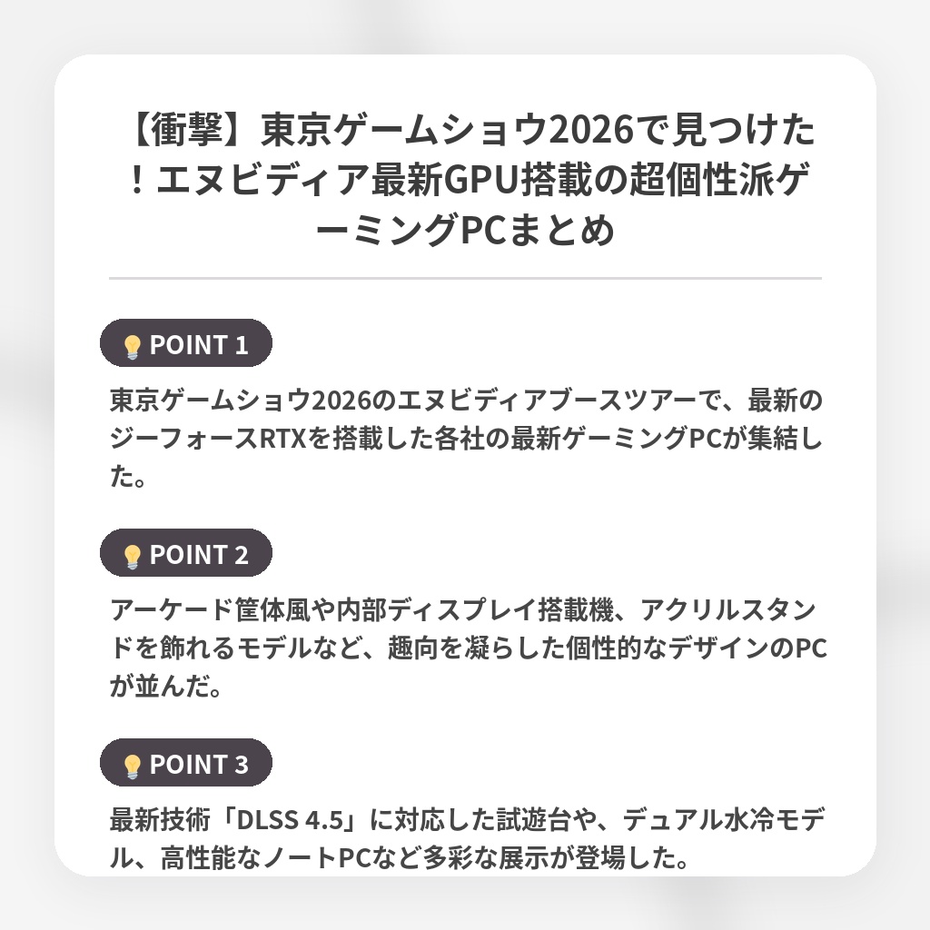 【衝撃】東京ゲームショウ2026で見つけた!エヌビディア最新GPU搭載の超個性派ゲーミングPCまとめの注目ポイントまとめ
