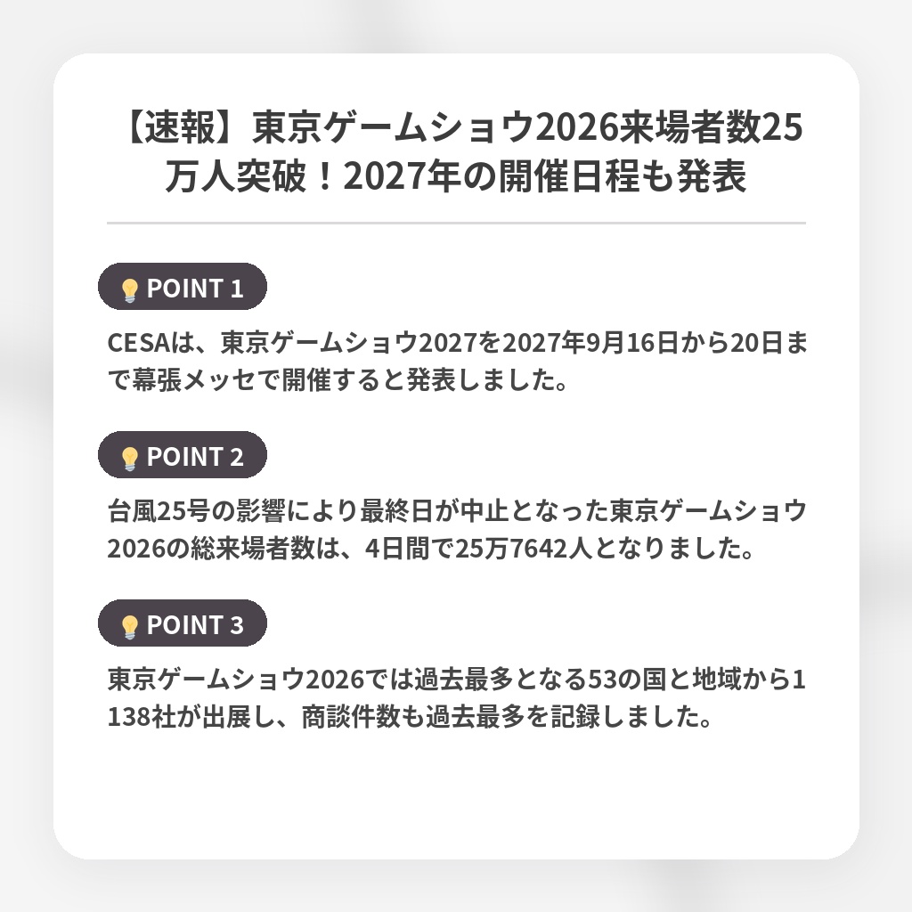 【速報】東京ゲームショウ2026来場者数25万人突破！2027年の開催日程も発表の注目ポイントまとめ