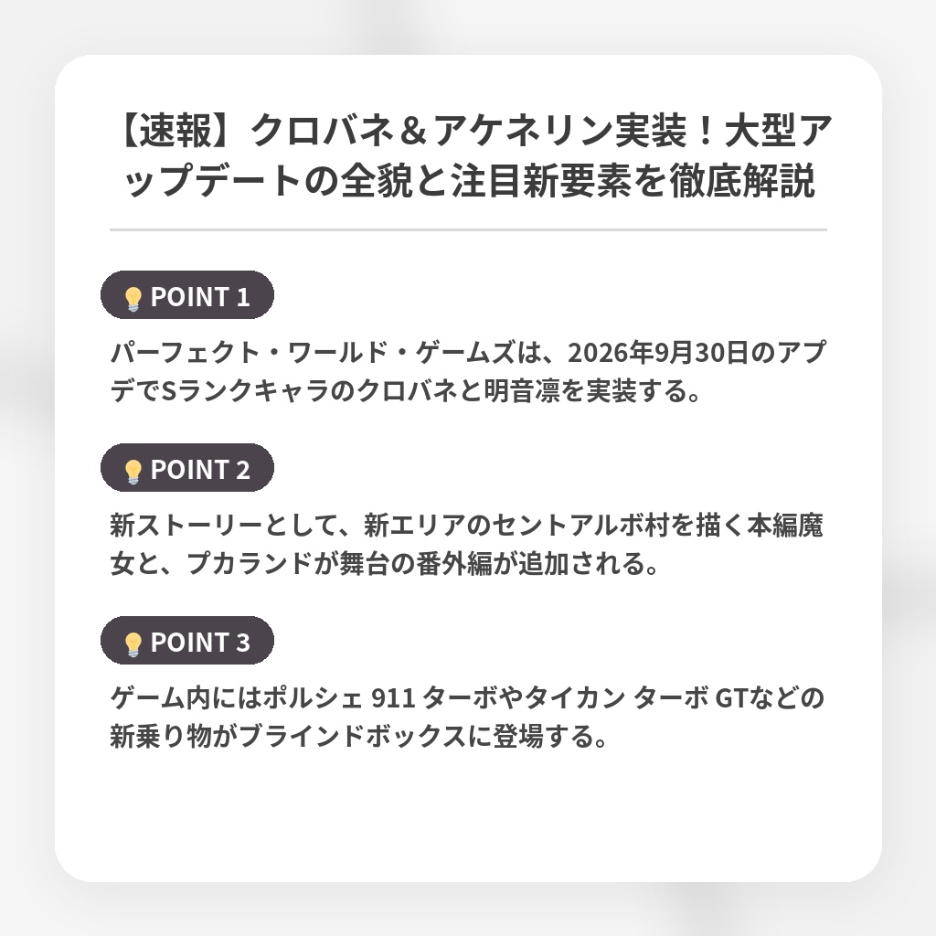 【速報】クロバネ＆アケネリン実装！大型アップデートの全貌と注目新要素を徹底解説の注目ポイントまとめ