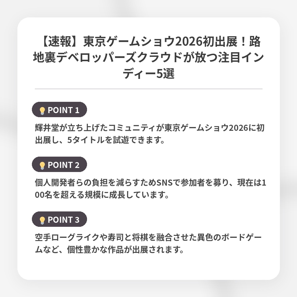 【速報】東京ゲームショウ2026初出展！路地裏デベロッパーズクラウドが放つ注目インディー5選の注目ポイントまとめ