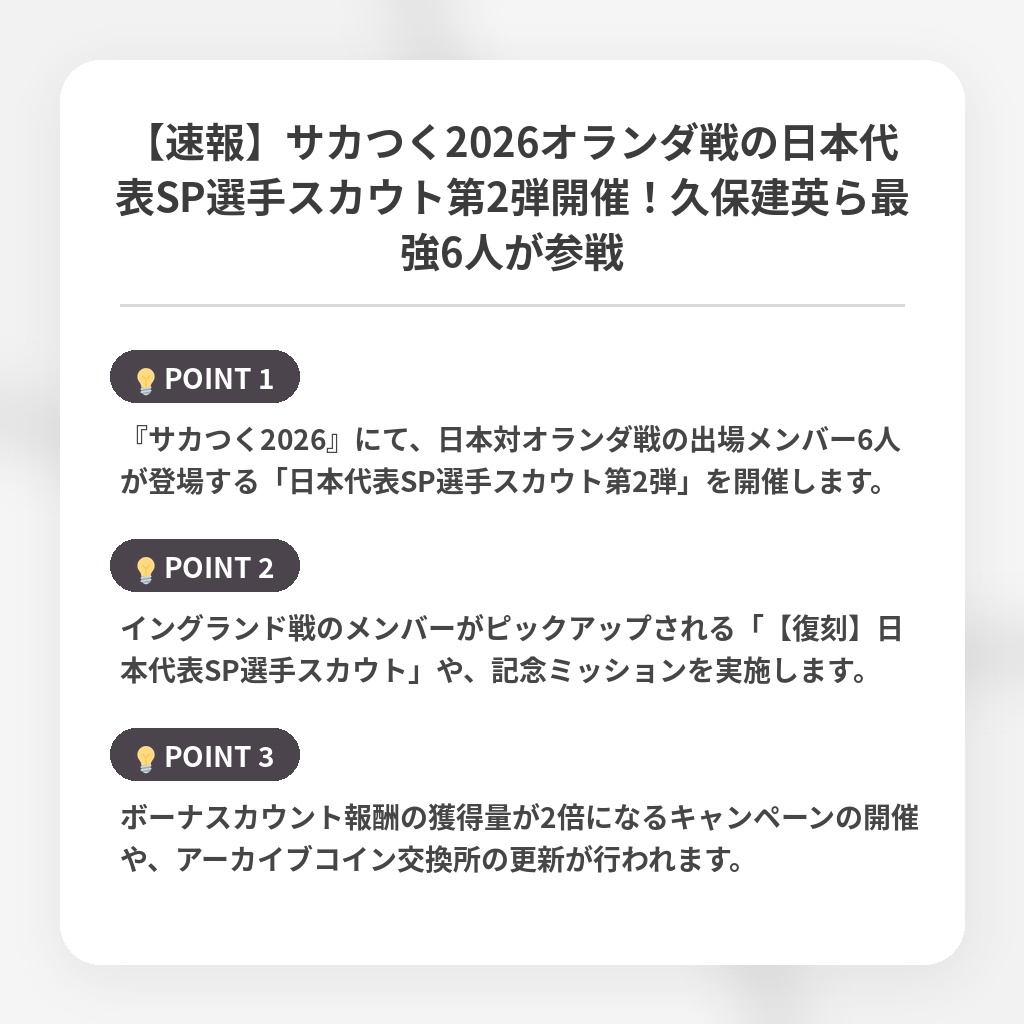 【速報】サカつく2026オランダ戦の日本代表SP選手スカウト第2弾開催！久保建英ら最強6人が参戦の注目ポイントまとめ