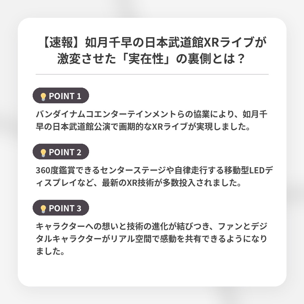 【速報】如月千早の日本武道館XRライブが激変させた「実在性」の裏側とは?の注目ポイントまとめ