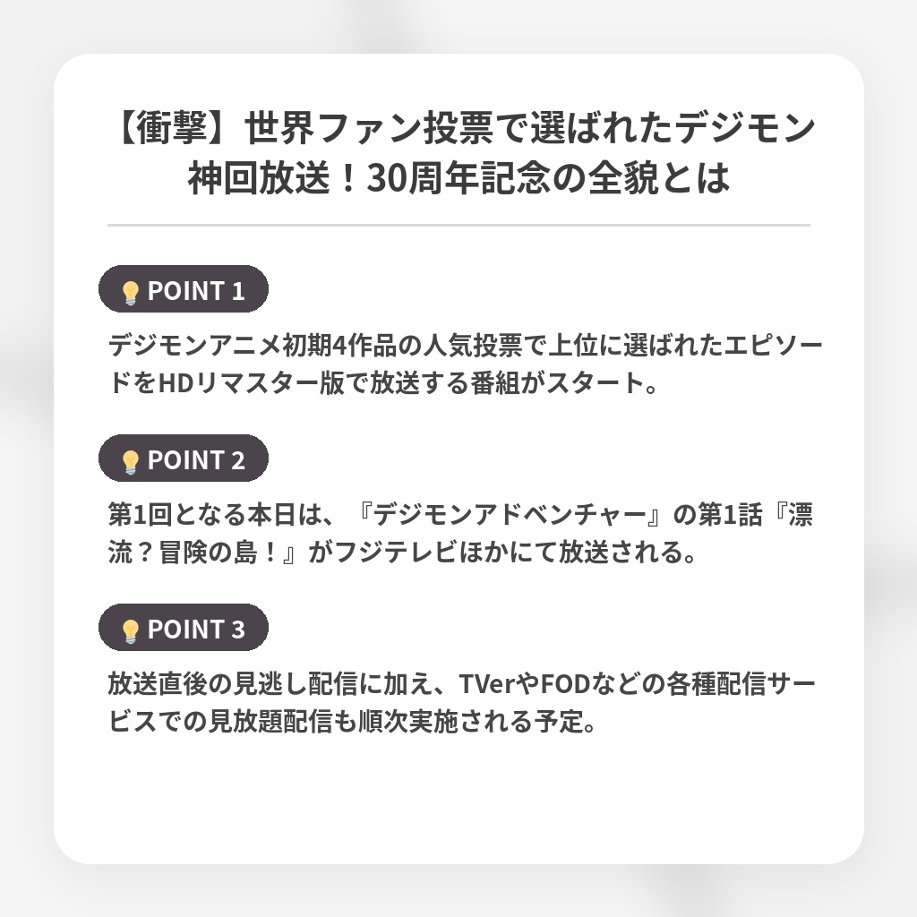 【衝撃】世界ファン投票で選ばれたデジモン神回放送！30周年記念の全貌とはの注目ポイントまとめ