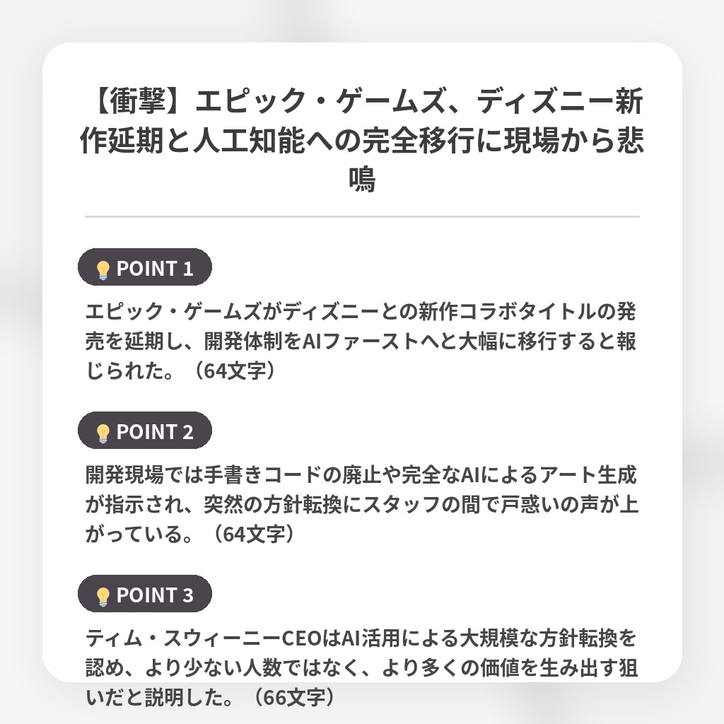 【衝撃】エピック・ゲームズ、ディズニー新作延期と人工知能への完全移行に現場から悲鳴の注目ポイントまとめ