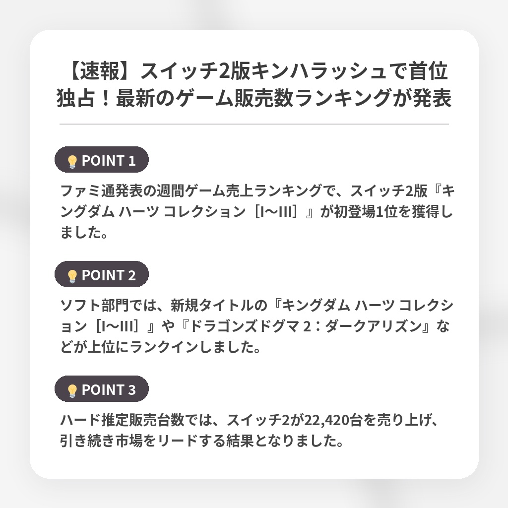 【速報】スイッチ2版キンハラッシュで首位独占！最新のゲーム販売数ランキングが発表の注目ポイントまとめ