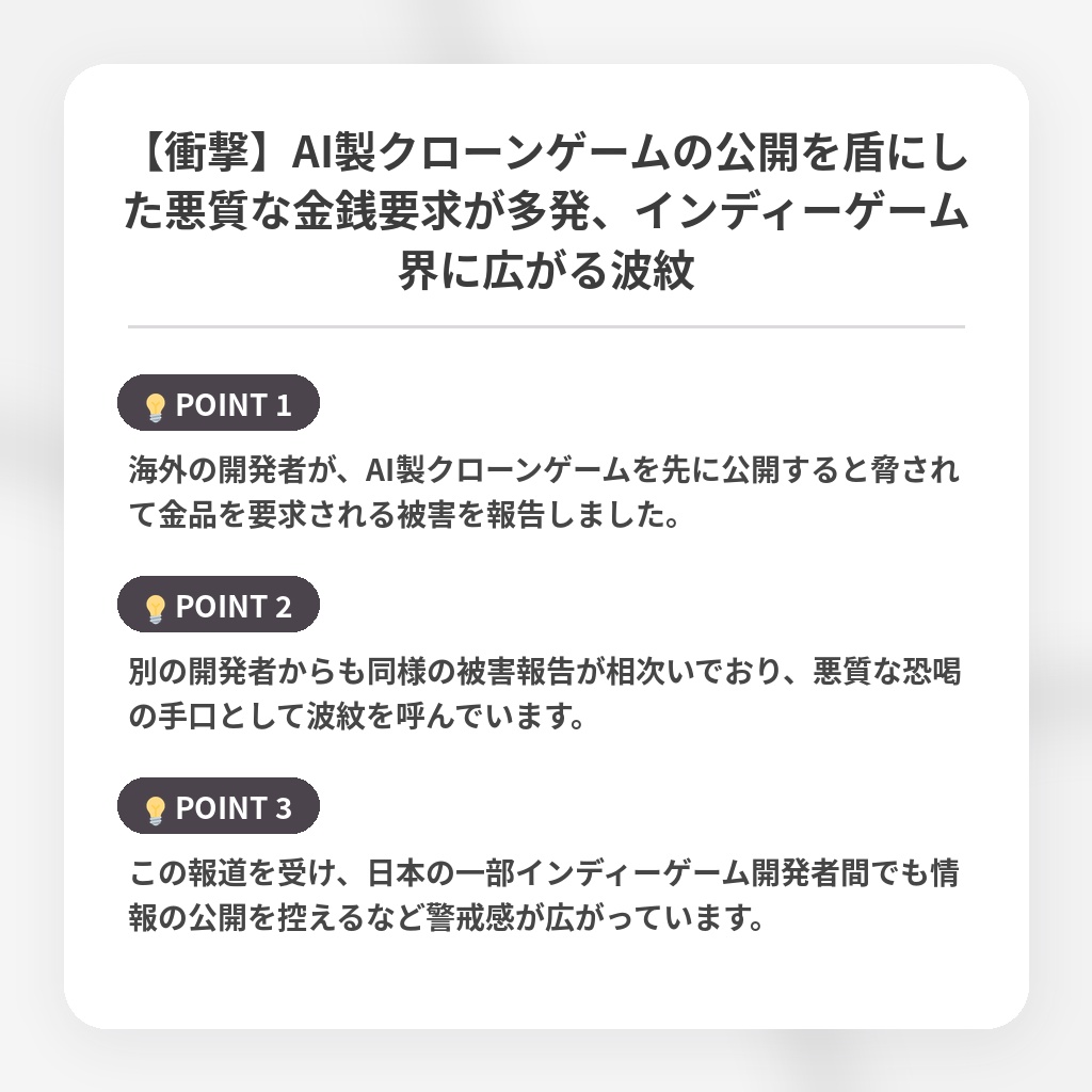 【衝撃】AI製クローンゲームの公開を盾にした悪質な金銭要求が多発、インディーゲーム界に広がる波紋の注目ポイントまとめ
