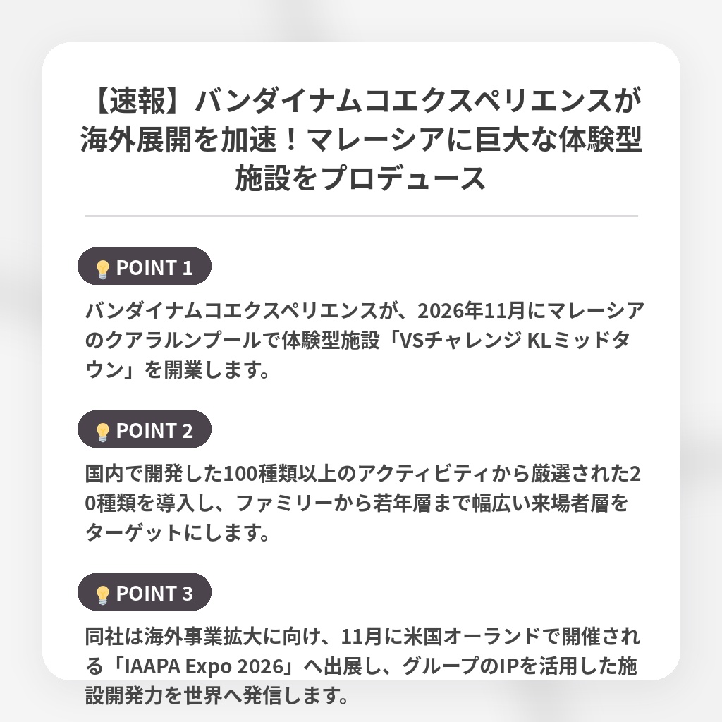 【速報】バンダイナムコエクスペリエンスが海外展開を加速!マレーシアに巨大な体験型施設をプロデュースの注目ポイントまとめ