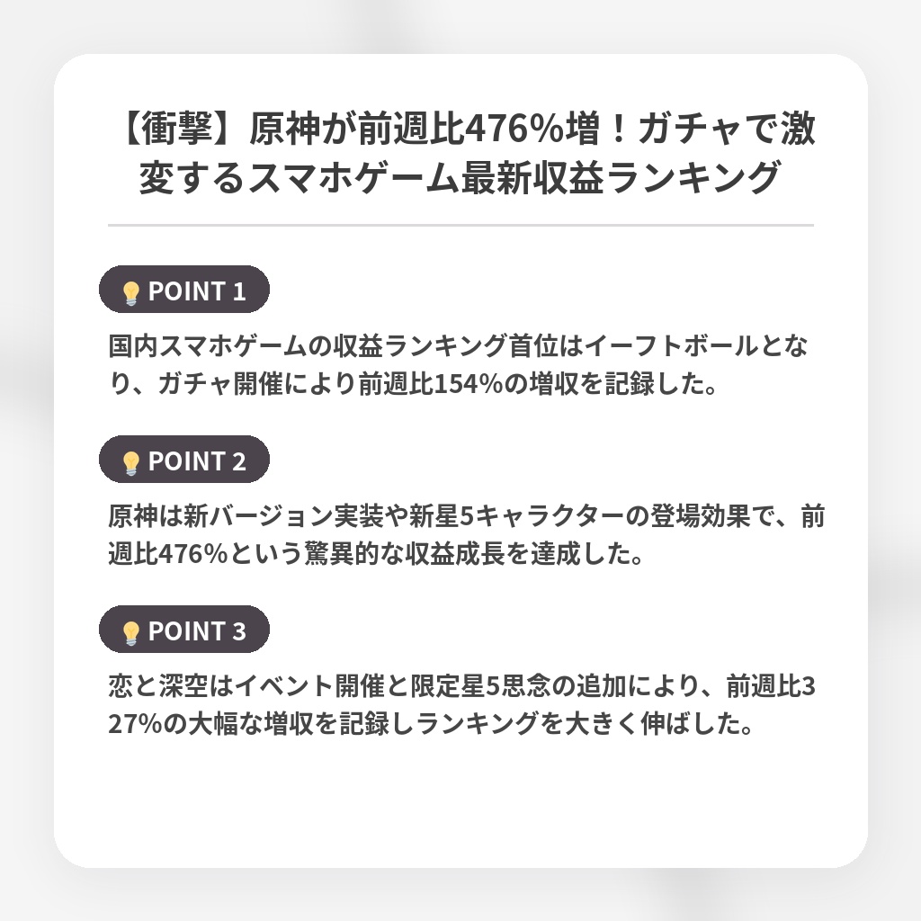 【衝撃】原神が前週比476%増!ガチャで激変するスマホゲーム最新収益ランキングの注目ポイントまとめ
